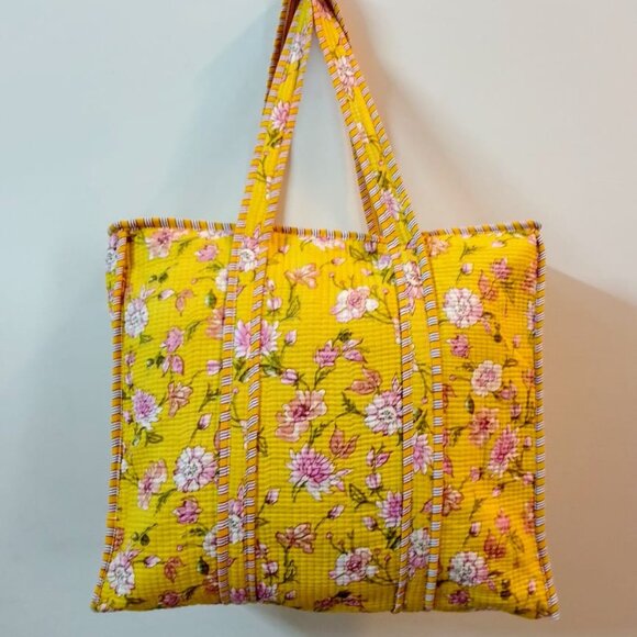 Reusable Quilted Cotton Tote Bag – Hand Screen-Printed Floral Design Yellow - Picture 2 of 3